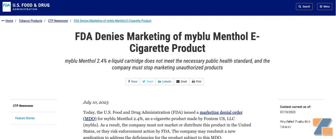 突发！FDA要求帝国烟草下架myblu电子烟，涉及分销与零售